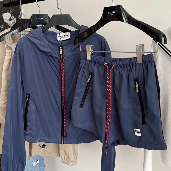 Miu Miu Pants - Miu Miu Navy Blue Nylon Hooded Jacket & Shorts Set Sz S